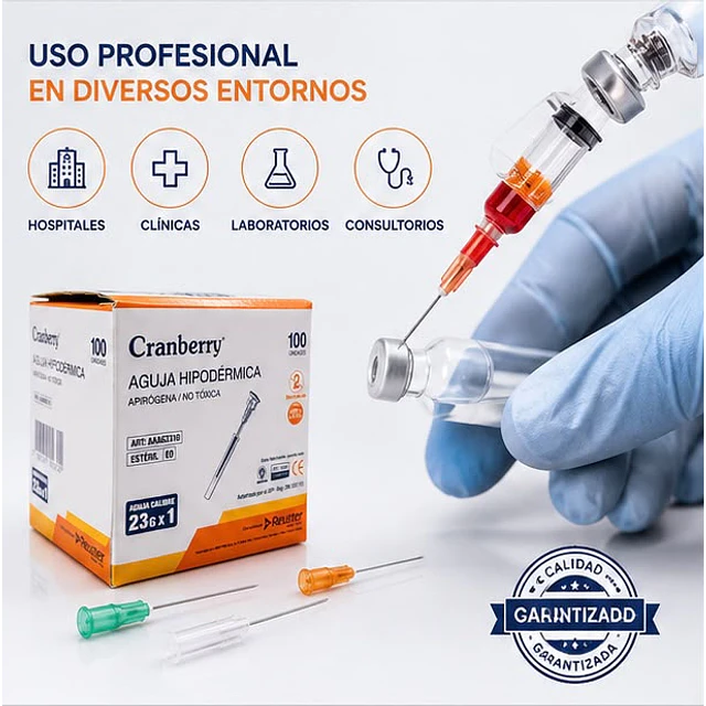 Aguja Hipodermica Cranberry 23G x 1 Caja 100 Unidades