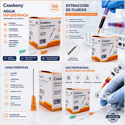 Aguja Hipodermica Cranberry 23G x 1 Caja 100 Unidades