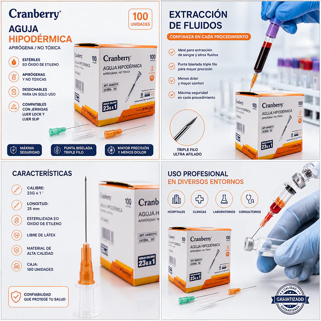 Aguja Hipodermica Cranberry 23G x 1 Caja 100 Unidades