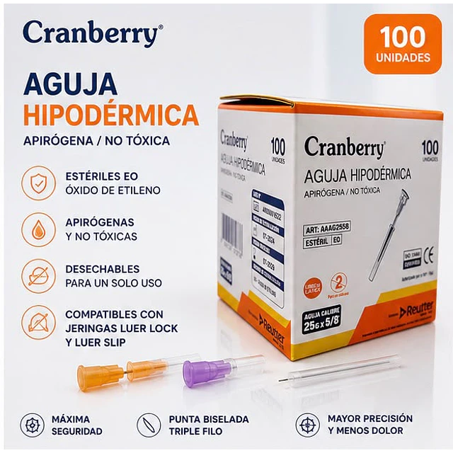 Aguja Hipodermica Cranberry 25G x 5/8 Caja 100 Unidades