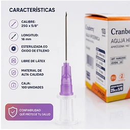 Aguja Hipodermica Cranberry 25G x 5/8 Caja 100 Unidades