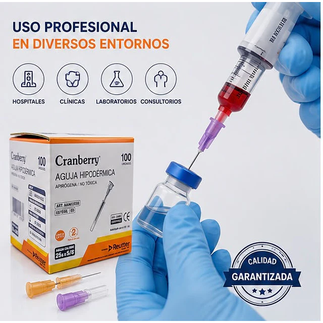 Aguja Hipodermica Cranberry 25G x 5/8 Caja 100 Unidades