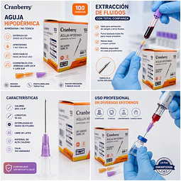Aguja Hipodermica Cranberry 25G x 5/8 Caja 100 Unidades