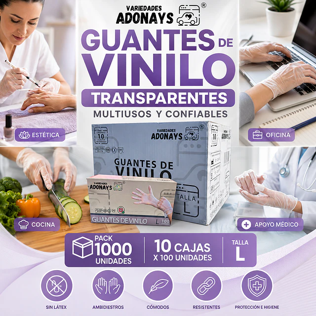Guante Vinilo Sin Polvo Box de 1000 Unidades Variedades Adonays