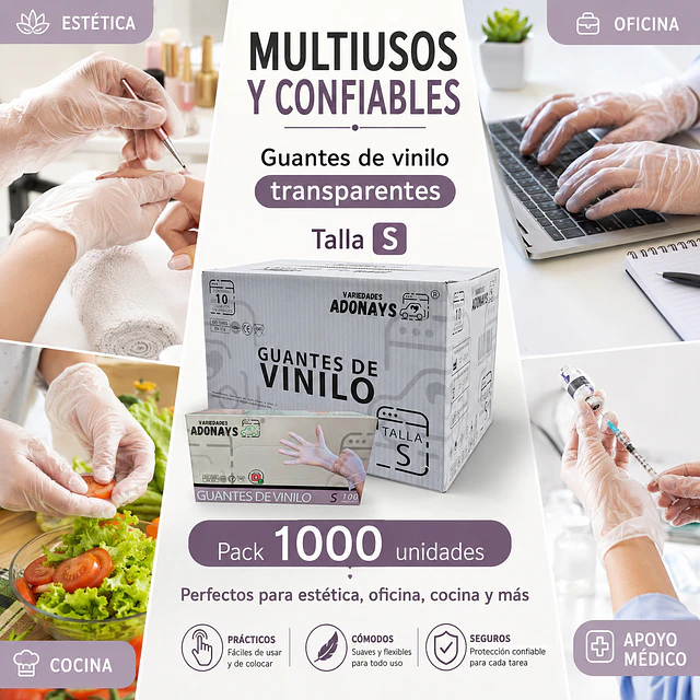 Guante Vinilo Sin Polvo Box de 1000 Unidades Variedades Adonays