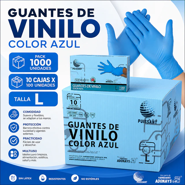 Guante Vinilo Azul Sin Polvo Box de 1000 Unidades Variedades Adonays