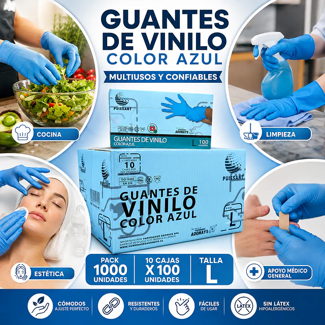 Guante Vinilo Azul Sin Polvo Box de 1000 Unidades Variedades Adonays