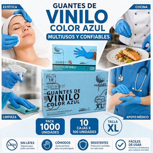 Guante Vinilo Azul Sin Polvo Box de 1000 Unidades Variedades Adonays