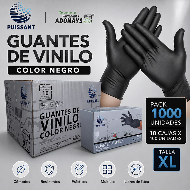 Guante Vinilo Negro Sin Polvo Box de 1000 Unidades Variedades Adonays