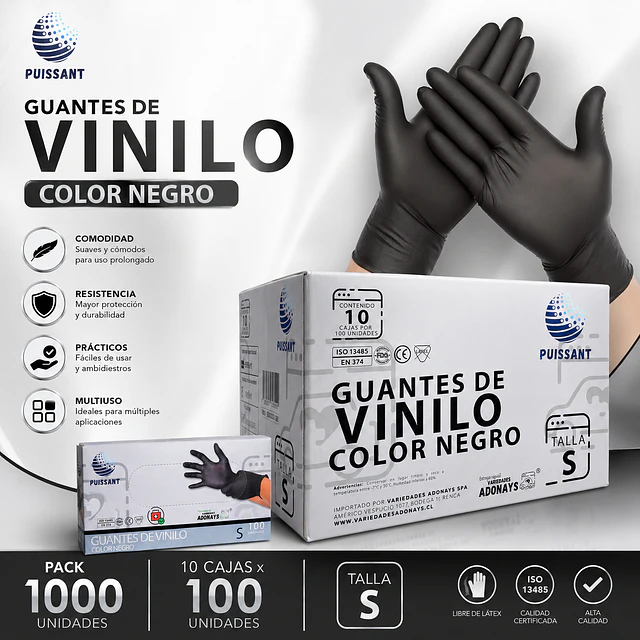 Guante Vinilo Negro Sin Polvo Box de 1000 Unidades Variedades Adonays