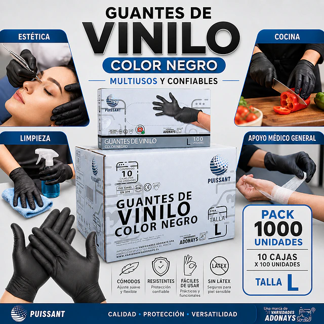 Guante Vinilo Negro Sin Polvo Box de 1000 Unidades Variedades Adonays