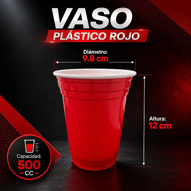 50 Vasos Plasticos Desechables Color Rojo 16oz / 500c