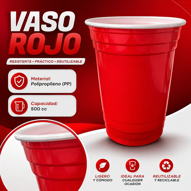 50 Vasos Plasticos Desechables Color Rojo 16oz / 500c