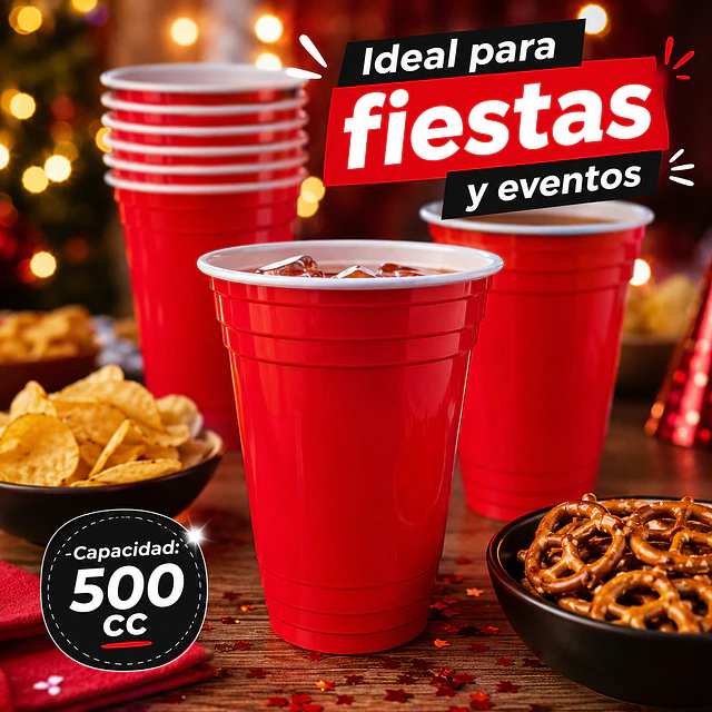 50 Vasos Plasticos Desechables Color Rojo 16oz / 500c