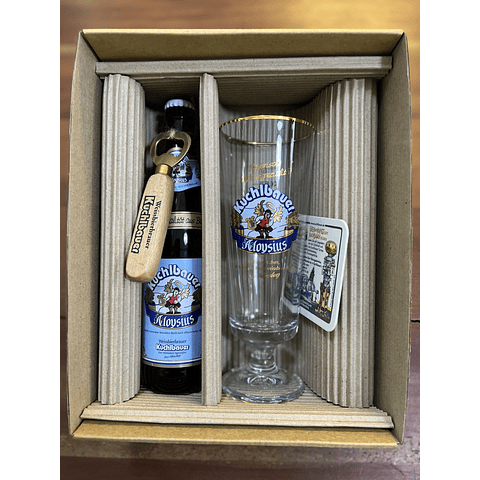 CAJA REGALO + COPA KUCHLBAUER ALOYSIUS 500CC + CERVEZA ALEMANA 500CC + ABRIDOR + POSAVASO DE REGALO