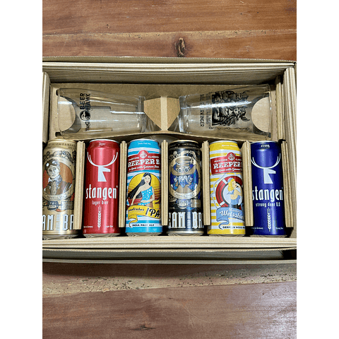 CAJA REGALO + PINTA BEER HAWK 500CC + PINTA VIKINGOS 600CC + 6 CERVEZAS ALEMANAS + POSAVASOS DE REGALO