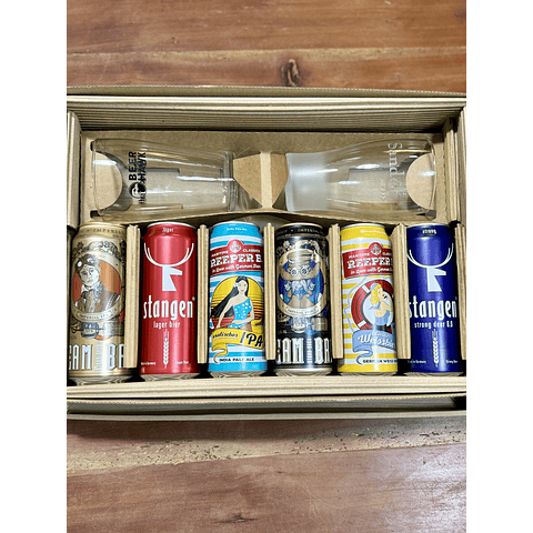 CAJA REGALO + PINTA BEER HAWK 500CC + PINTA SANDELS 500CC + 6 CERVEZAS ALEMANAS + POSAVASOS DE REGALO