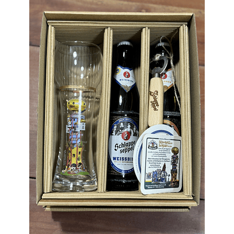 CAJA REGALO + GARZA KUCHLBAUER 500CC DE VIDRIO TEMPLADO + 2 CERVEZAS ALEMANAS 500CC + ABRIDOR ROBLE 