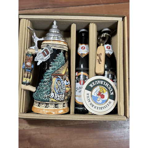 CAJA REGALO + JARRA SCHWARZWALD ASA ESPECIAL + 2 CERVEZAS ALEMANAS + ABRIDOR DE ROBLE + POSAVASOS DE REGALO