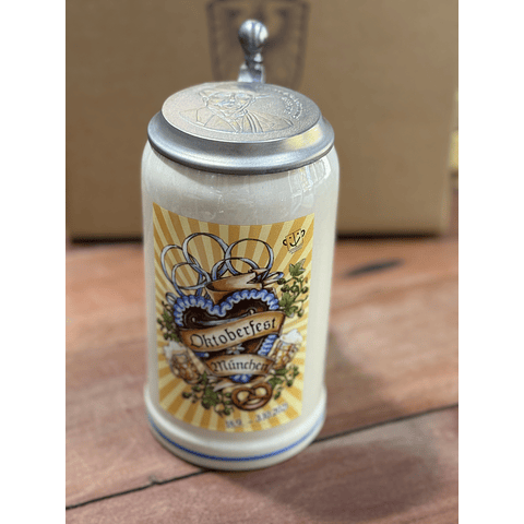 CAJA REGALO+ JARRA OFICIAL OKTOBERFEST MÜNCHEN 2021 CON TAPA DE ESTAÑO + 2 CERVEZAS ALEMANAS + ABRIDOR DE ROBLE + POSAVASOS DE REGALO