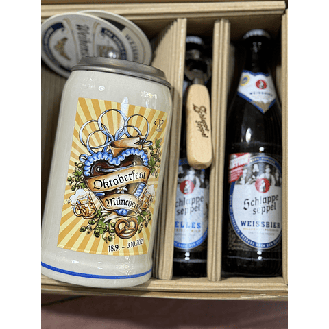 CAJA REGALO+ JARRA OFICIAL OKTOBERFEST MÜNCHEN 2021 CON TAPA DE ESTAÑO + 2 CERVEZAS ALEMANAS + ABRIDOR DE ROBLE + POSAVASOS DE REGALO
