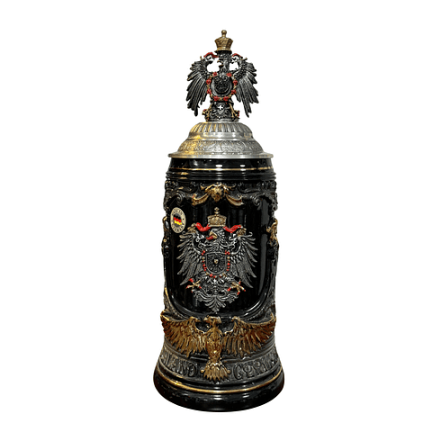 JARRA ARTESANAL DEUTSCHLANDKRUG NEGRO 750CC — CON ÁGUILA DE ESTAÑO EN EL CENTRO - ASA ESPECIAL Y TAPA CON FIGURA DE ÁGUILA