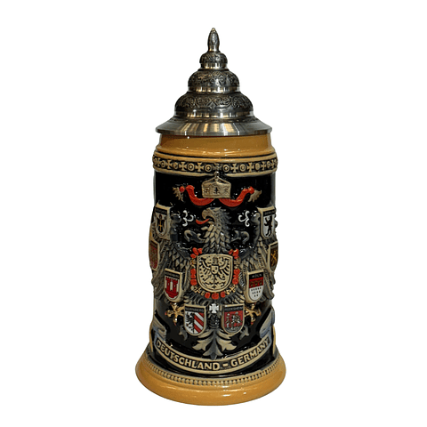JARRA ARTESANAL CON TAPA DEUTSCHLAND ADLER 750CC CON ESCUDOS DE CIUDADES 