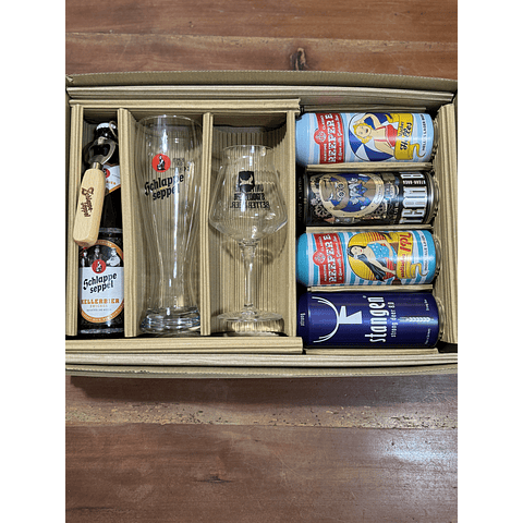 CAJA REGALO + CERVEZA ALEMANA BOTELLA 500CC + GARZA SEPPEL 500CC + COPA TEKU 330CC  + 4 CERVEZAS ALEMANAS EN LATA 500CC + ABRIDOR DE ROBLE Y POSAVASOS DE REGALO