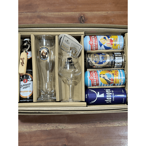 CAJA REGALO + CERVEZA ALEMANA BOTELLA 500CC + GARZA FRANZISKANER + COPA TEKU 330CC  + 4 CERVEZAS ALEMANAS EN LATA 500CC + ABRIDOR DE ROBLE Y POSAVASOS DE REGALO