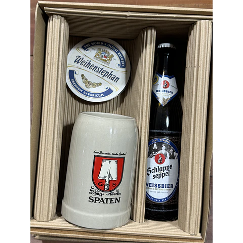SET REGALO JARRA SPATEN CERÁMICA 500CC + CERVEZA ALEMANA + POSAVASOS DE REGALO