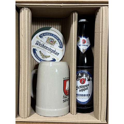 SET REGALO JARRA SPATEN CERÁMICA 500CC + CERVEZA ALEMANA + POSAVASOS DE REGALO