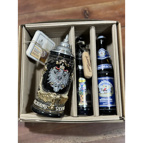 JARRA ARTESANAL - NEGRA DORADA CON TAPA Y  PLACA DE PELTRE  - MANGO DE ÁGUILA DORADO﻿ 400CC + 2 CERVEZAS ALEMANAS + ABRIDOR ROBLE Y POSAVASOS DE REGALO