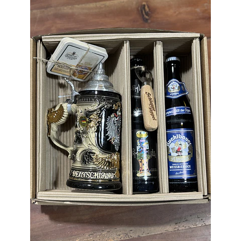 JARRA ARTESANAL - NEGRA DORADA CON TAPA Y  PLACA DE PELTRE  - MANGO DE ÁGUILA DORADO﻿ 400CC + 2 CERVEZAS ALEMANAS + ABRIDOR ROBLE Y POSAVASOS DE REGALO