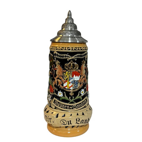JARRA CERVECERA ARTESANAL ALEMANA DE CERÁMICA CON TAPA ESTAÑO BAYERN-BAVARIA 500CC 
