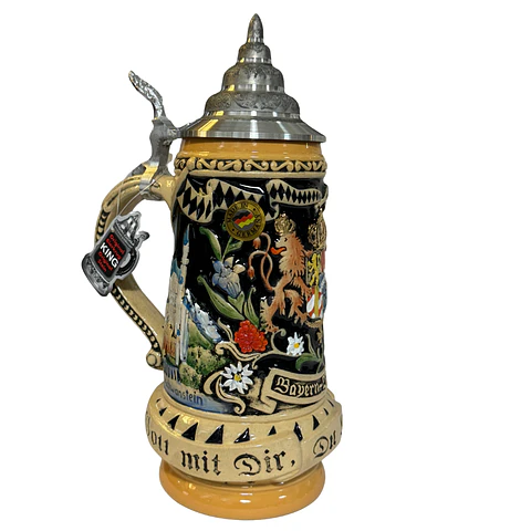 JARRA CERVECERA ARTESANAL ALEMANA DE CERÁMICA CON TAPA ESTAÑO BAYERN-BAVARIA 500CC 
