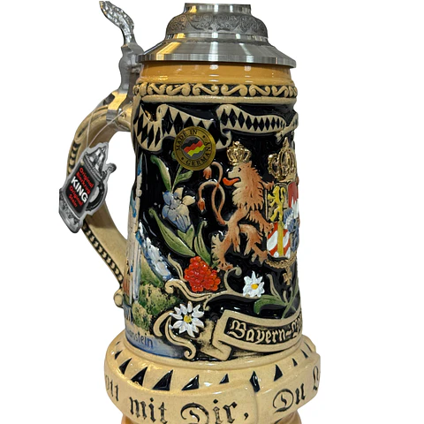 JARRA CERVECERA ARTESANAL ALEMANA DE CERÁMICA CON TAPA ESTAÑO BAYERN-BAVARIA 500CC 