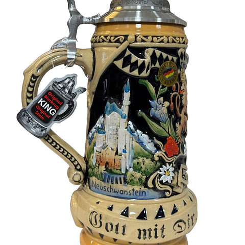 JARRA CERVECERA ARTESANAL ALEMANA DE CERÁMICA CON TAPA ESTAÑO BAYERN-BAVARIA 500CC 