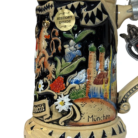 JARRA CERVECERA ARTESANAL ALEMANA DE CERÁMICA CON TAPA ESTAÑO BAYERN-BAVARIA 500CC 