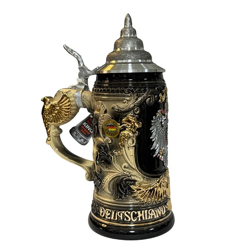 JARRA CERVECERA ARTESANAL ALEMANA - NEGRA DORADA CON TAPA Y PLACA DE PELTRE ÁGUILA - ASA DE ÁGUILA DORADO﻿ 400CC 