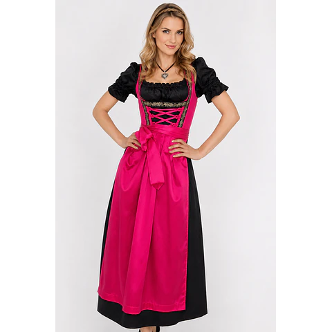Vestido Dirndl Bávaro Mujer Pink & Negro con delantal y blusa (talla 36)