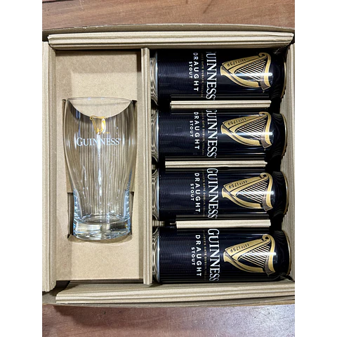 CAJA REGALO + 4 GUINNESS DRAUGHT STOUT 440CC (ORIGEN IRLANDÉS ST. JAMES‘S GATE, DUBLIN) + PINTA GUINNESS 440CC