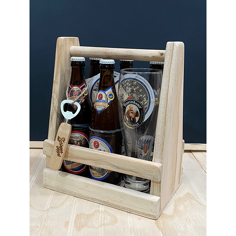 SIXPACK MADERA + GARZA FRANZISKANER 500CC + 5  SEPPEL + ABRIDOR ROBLE & POSAVASOS DE REGALO