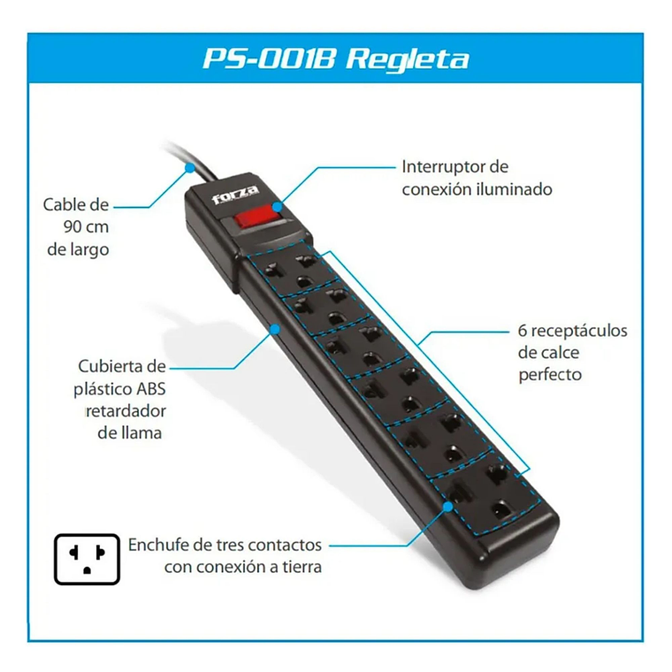 Regleta Eléctrica Forza PS-001B 6 Tomas con Breaker Negro 2