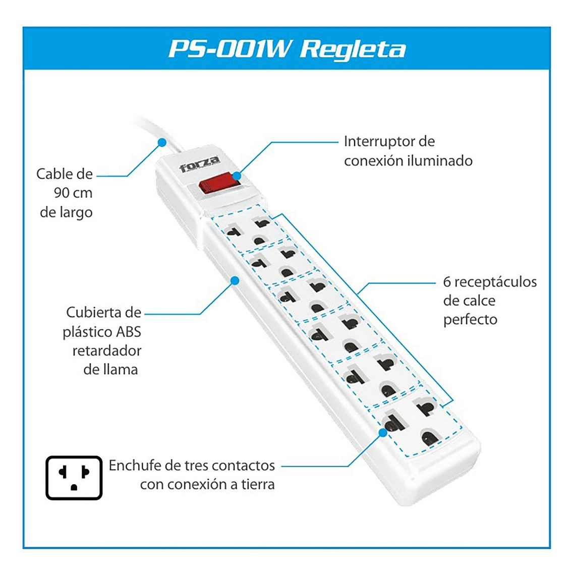 Regleta Eléctrica Forza PS-001W 6 Tomas con Breaker Blanco 2