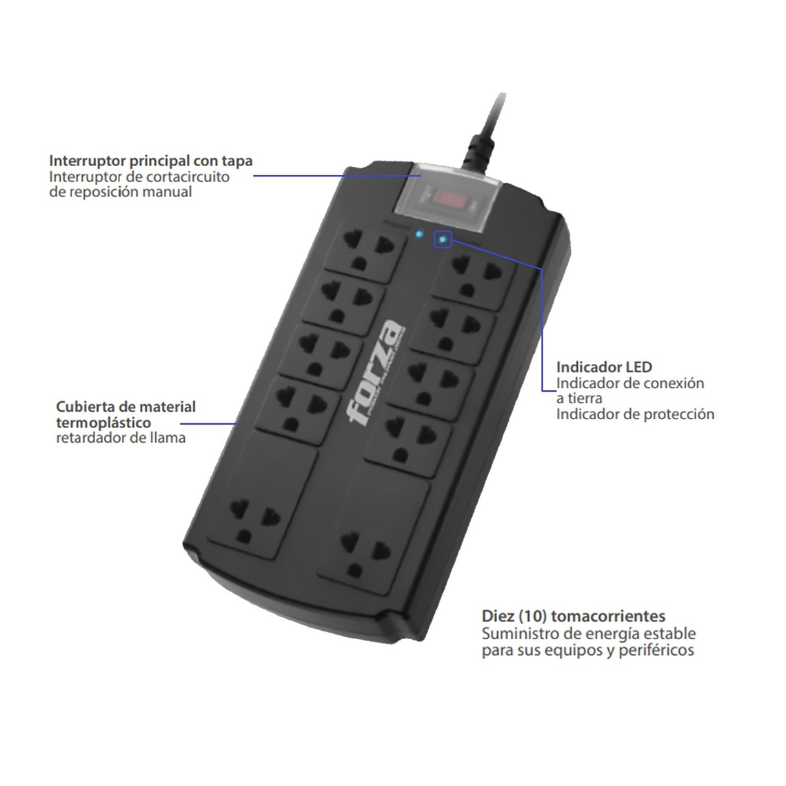Supresor de Picos Forza FSP-10UN 1080J 10 Tomas universal 2