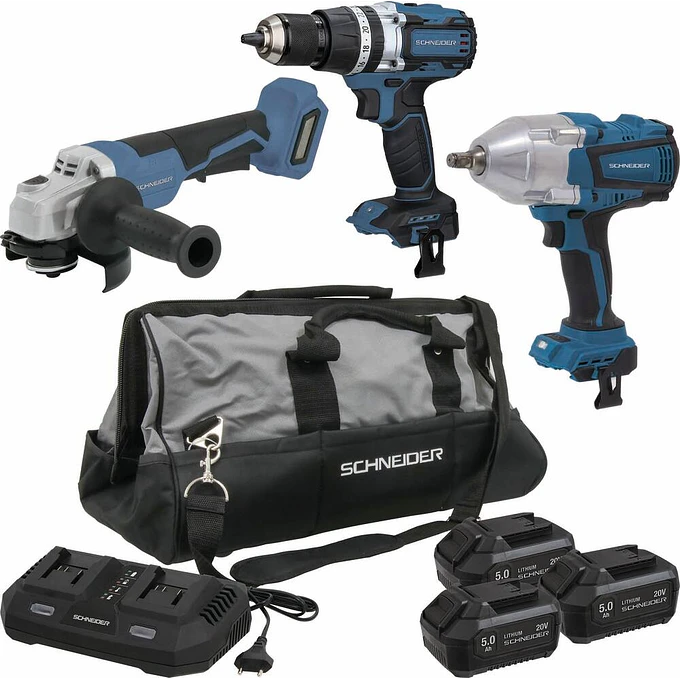 Kit Profissional SCHNEIDER 20V | 8 Peças | 3 Baterias 5Ah