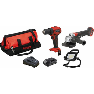 Pack Combo DRAKKAR 20V | Berbequim + Rebarbadora + Projetor LED | 2 Baterias 2Ah + Carregador + Saco