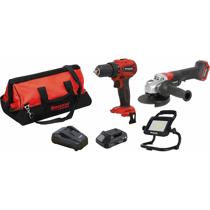 Kit de Ferramentas DRAKKAR 20 V — Berbequim, Rebarbadora e Projetor LED