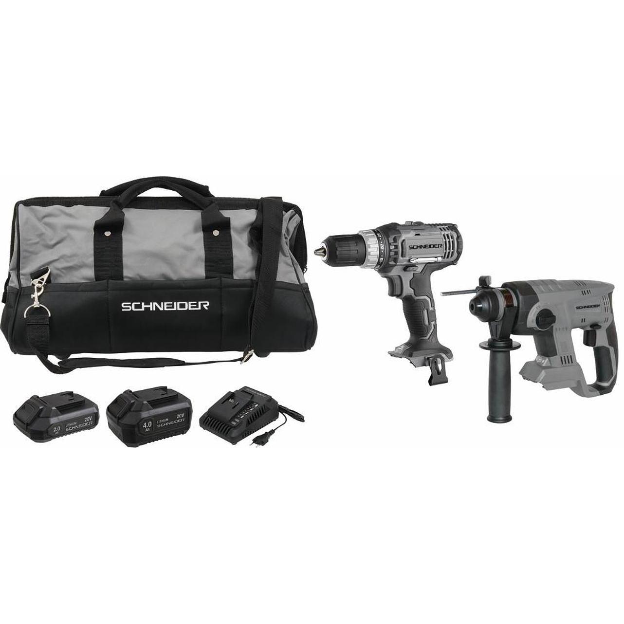 Pack SCHNEIDER 20V | Berbequim 35Nm + Britador 2.2J | 2 Baterias (2Ah+4Ah) + Carregador + Saco 1