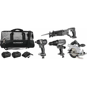  Pack SCHNEIDER 20V | 4 Ferramentas + 2 Baterias 5Ah | Serra Sabre, Impacto 200Nm, Circular, Berbequim 50Nm
